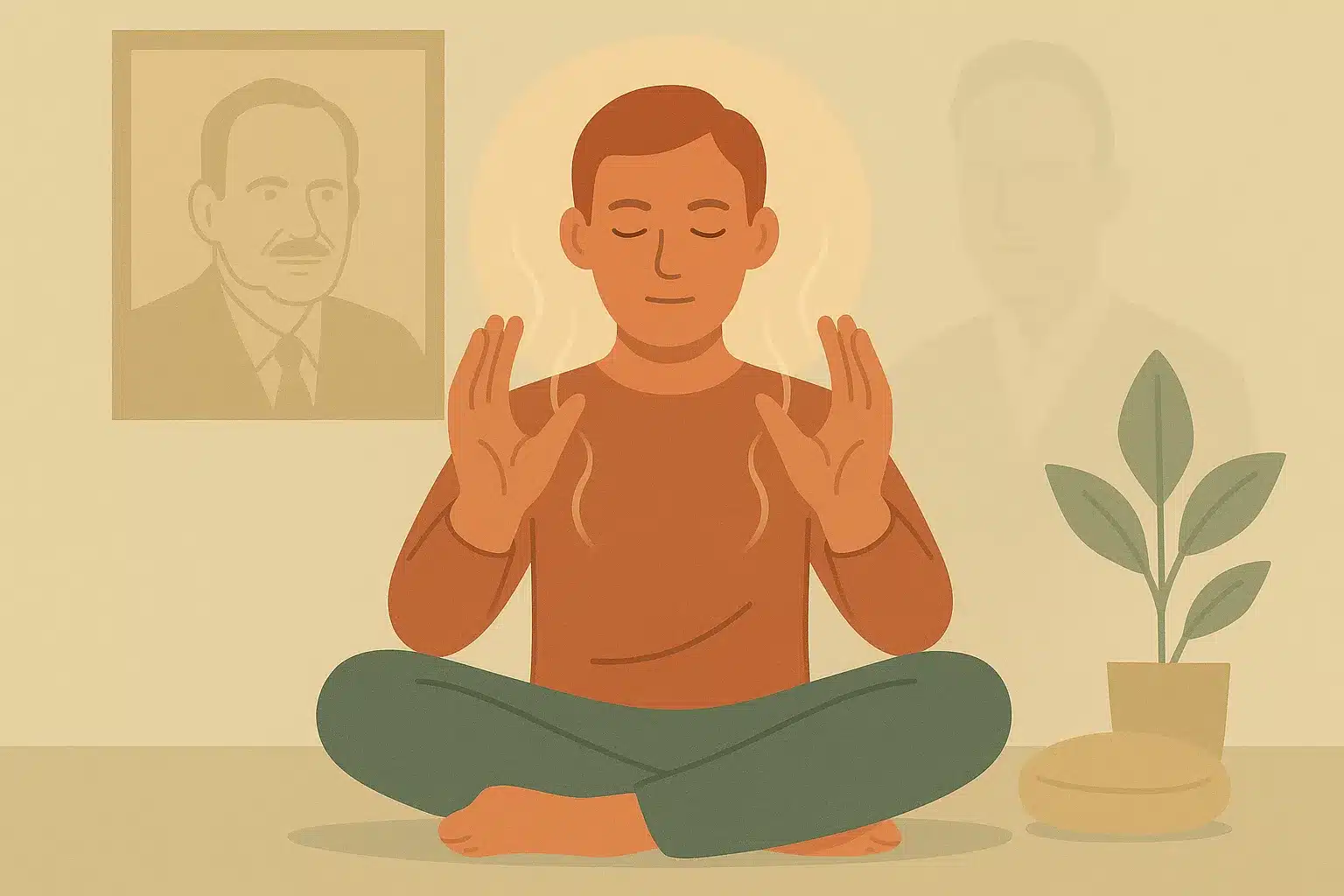 Personne assise en méditation pratiquant la technique des mains de la méthode Rossi, dans une scène calme illustrant l’auto-hypnose et la connexion corps-esprit.
