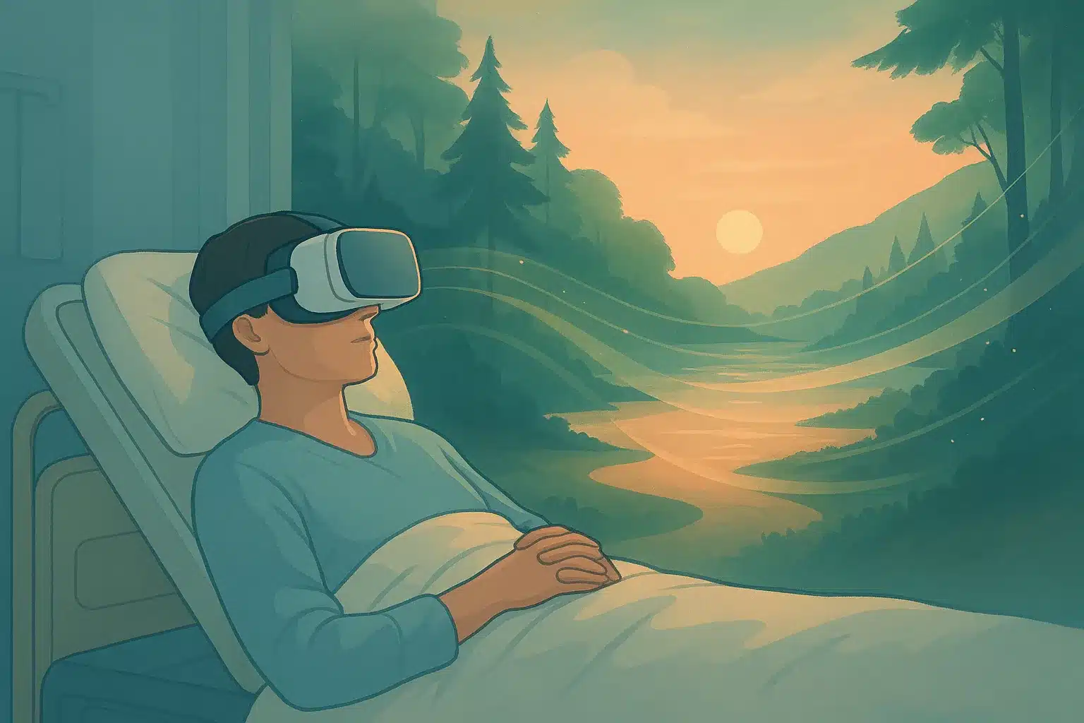 Patient allongé avec un casque de réalité virtuelle, immergé dans un paysage apaisant, illustrant l’hypnose VR utilisée pour réduire douleur et anxiété en milieu médical.