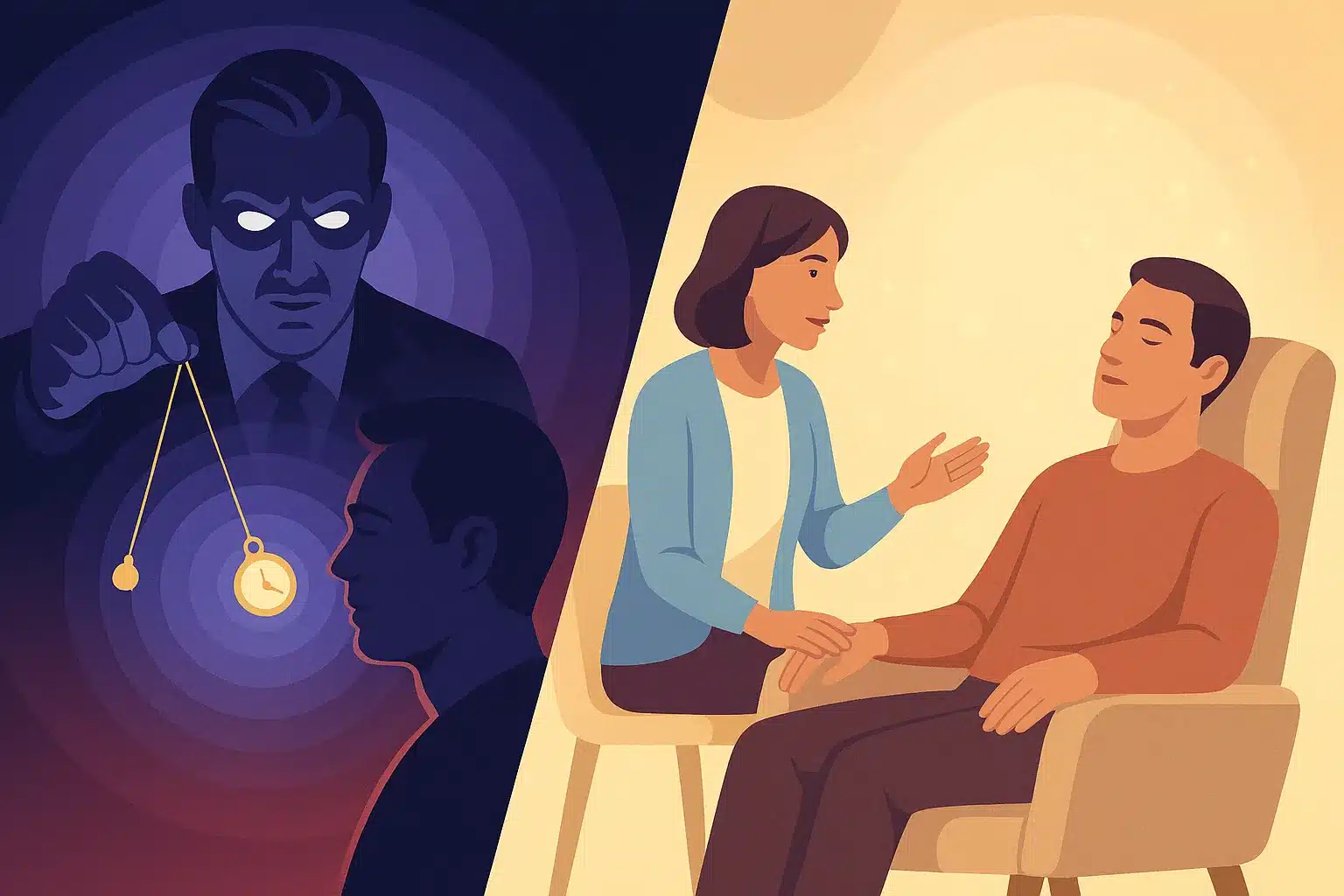 Illustration divisée en deux : à gauche, un hypnotiseur de cinéma inquiétant tient un pendule devant un sujet passif, dans une ambiance sombre ; à droite, une scène apaisante montre une hypnothérapeute échangeant calmement avec un patient détendu dans un fauteuil, dans un cadre lumineux.