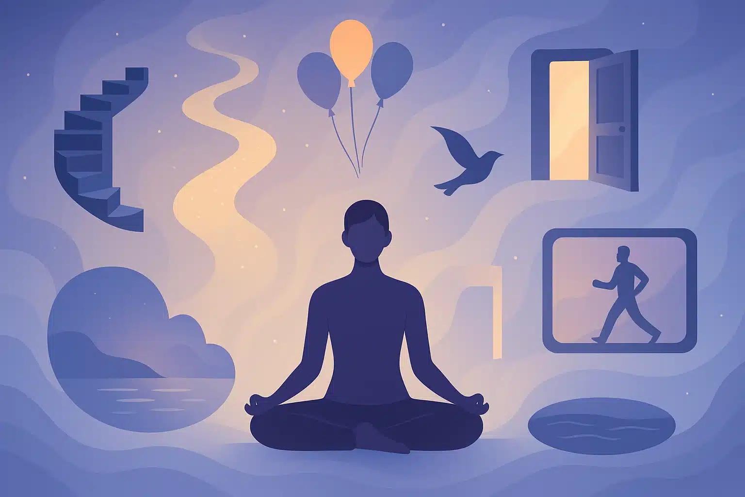 Illustration vectorielle représentant une personne en méditation entourée de symboles visuels évoquant 7 métaphores d’auto-hypnose : escalier en colimaçon, lac profond, porte de transition, chemin lumineux, ballons libérés, oiseau en vol et écran mental. Ambiance douce et apaisante, couleurs pastel, style onirique. Illustration symbolique de la relaxation mentale et de la transformation intérieure par l’auto-hypnose.
